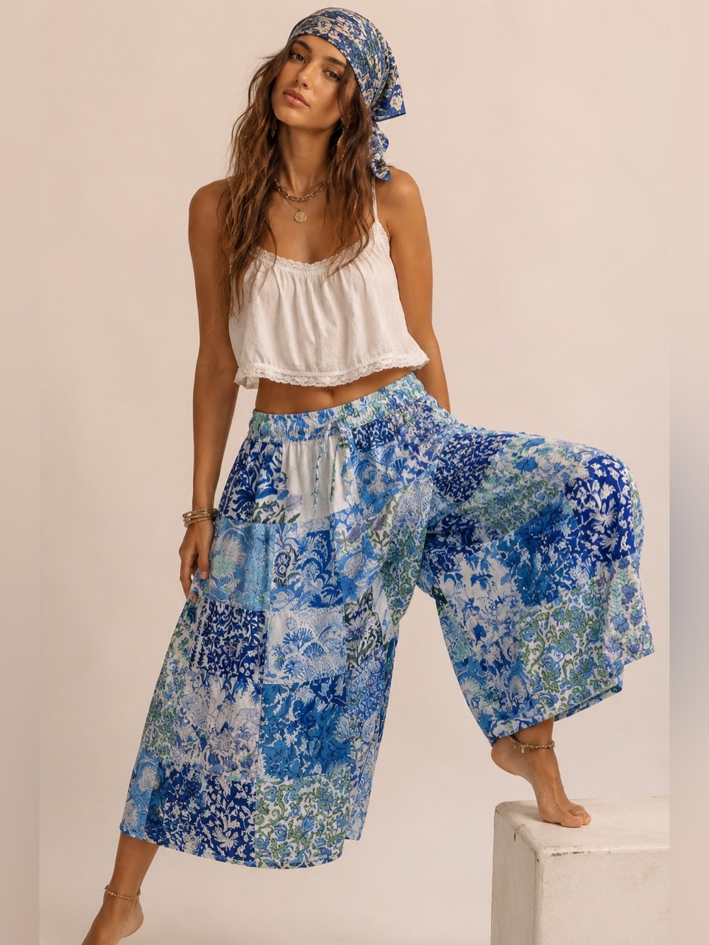 Mary Marshmallow Patchwork Blue Floral Wide Cotton Palazzo Capri Pants Boho L